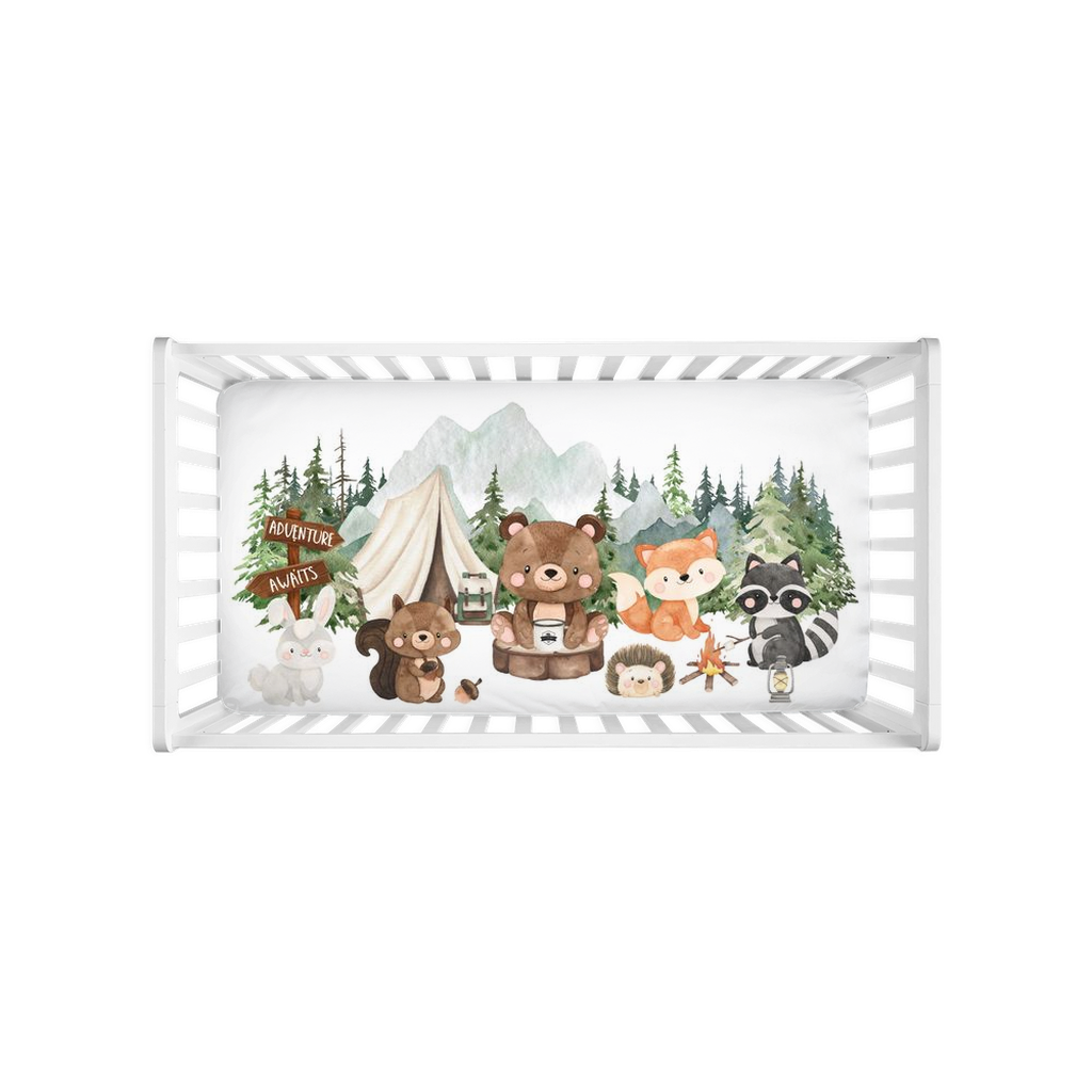 Camping Crib Sheet, Woodland animals nursery bedding - Camping Critters