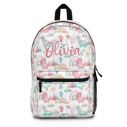 Personalized name girl Dinosaur Backpack, Girls Back To School Bag - Pink Dinosaur