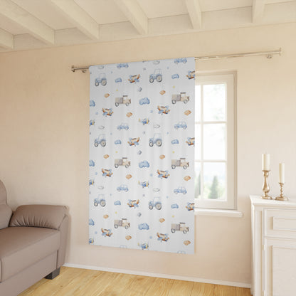 Transport room darkening curtain single panel, Vehicles nursery decor - Blue transportation