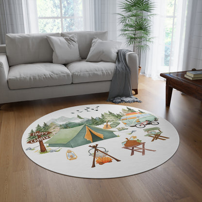 Camping nursery decor, Happy camper round rug - Outdoor Adventures