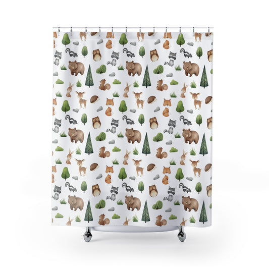 Woodland shower curtain, Woodland bathroom deco - Tiny Woodland