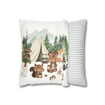 Woodland animals Faux Suede Square Pillow Case, Forest pillow cover - Camping critters