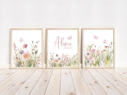 Personalized name Wildflowers Wall Art, Boho floral Nursery Decor Set of 3 Unframed Prints