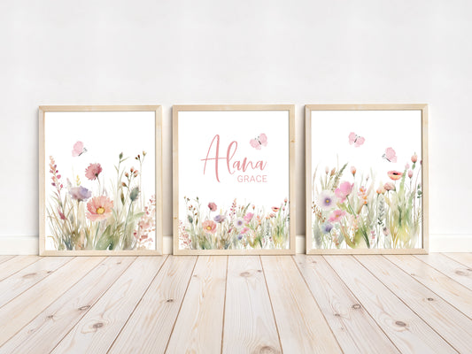 Personalized name Wildflowers Wall Art, Boho floral Nursery Decor Set of 3 Unframed Prints