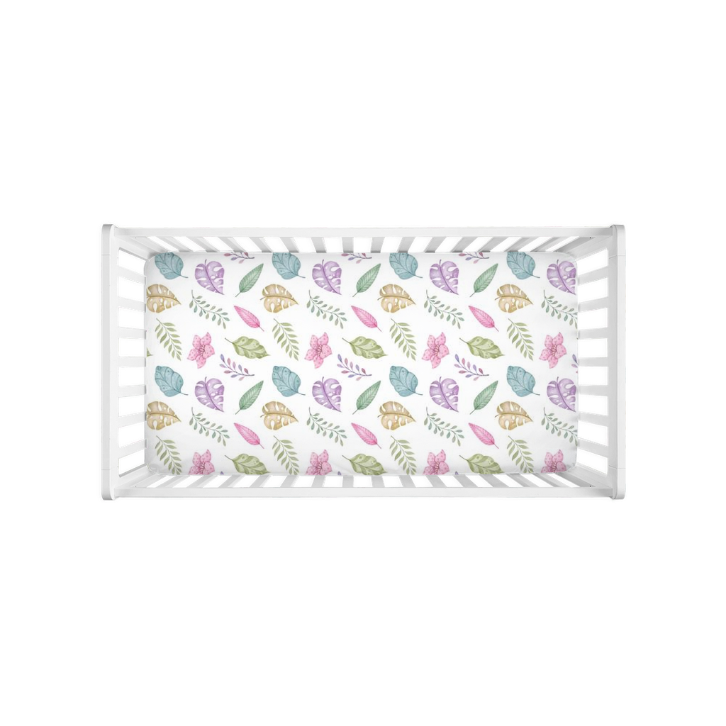 Tropical leaves crib sheet, Girl dinosaur nursery bedding - Pink Jurassic