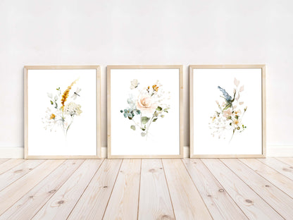 Wildflowers Wall Art, Floral Nursery Prints set of 3 - Vintage Garden