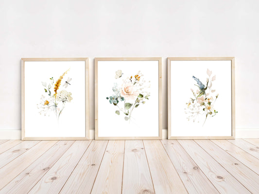 Wildflowers Wall Art, Floral Nursery Prints set of 3 - Vintage Garden