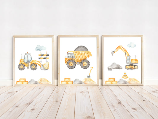 Construction Wall Art, Construction Nursery Prints set of 3 - Under Construction