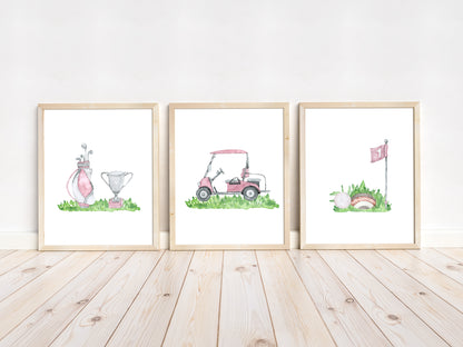 Set of 3 PRINTABLE Pink Golf Wall Art, Golf Nursery Prints - Pink Golf