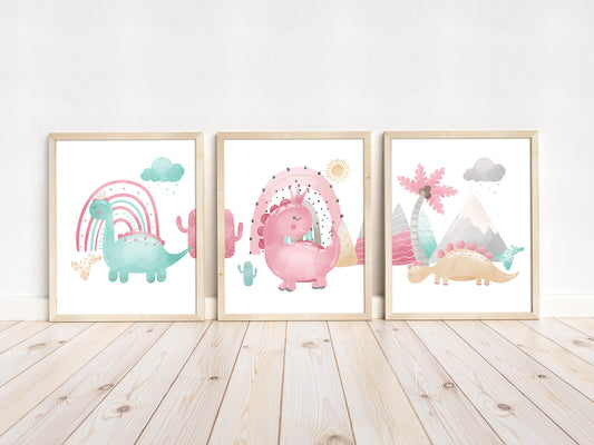 Pink Dinosaur Wall Art, Dinosaur Nursery Prints set of 3 - Pink Dinosaur