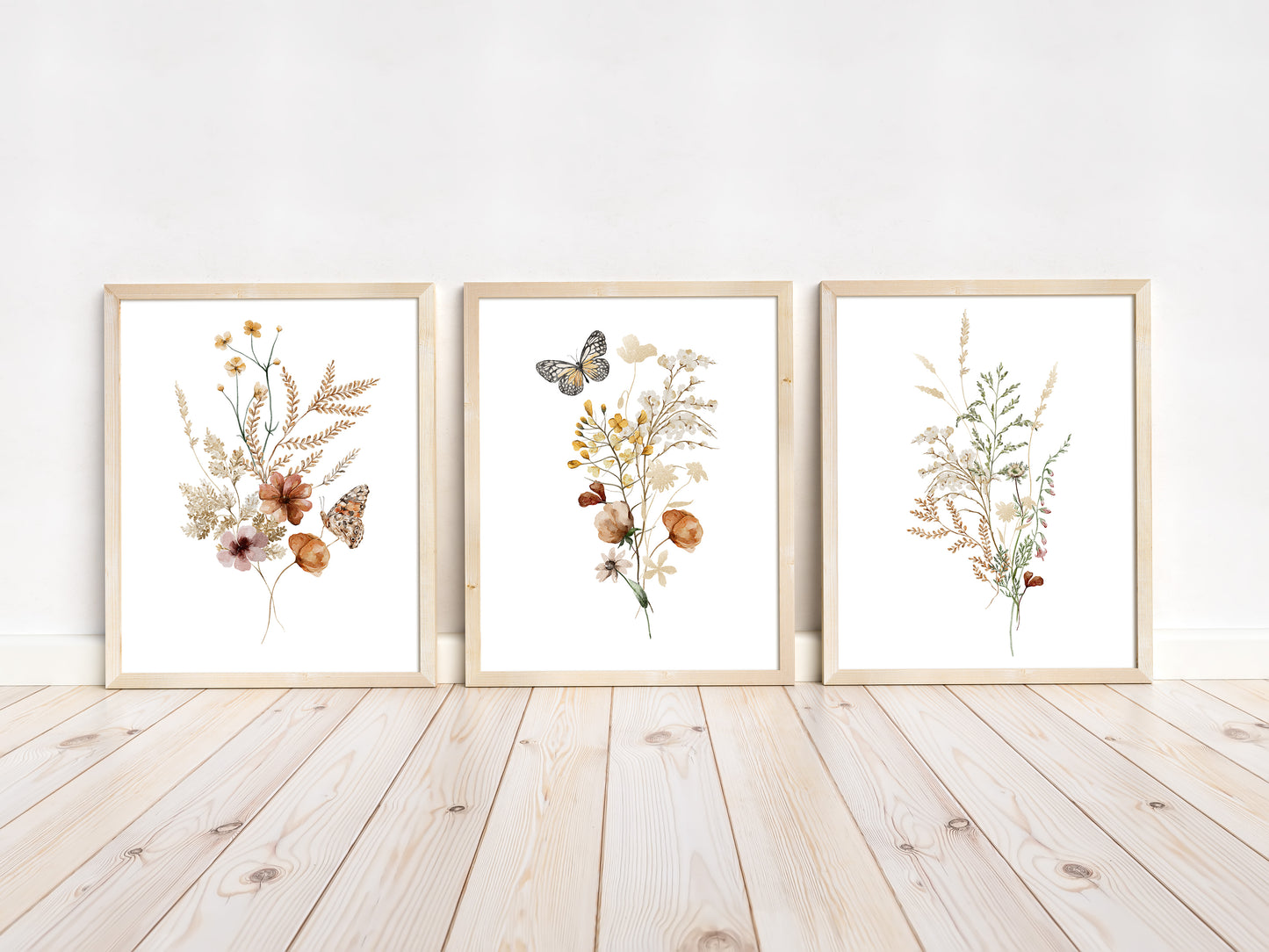 Wildflower Wall Art, Vintage floral Nursery Prints set of 3 - Butterfly Garden