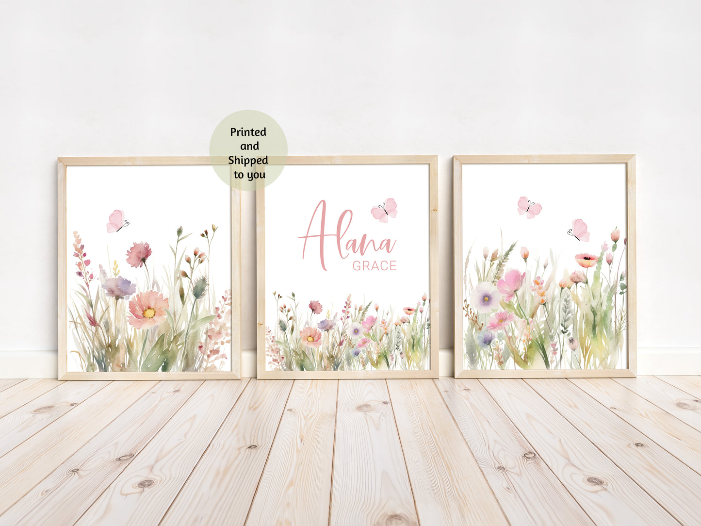 Personalized name Wildflowers Wall Art, Boho floral Nursery Decor Set of 3 Unframed Prints