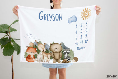 Personalized Woodland Milestone Blanket - Woodland animals Baby Blanket - Magical Forest