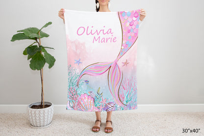 Little Mermaid Personalized Minky Blanket, Little mermaid Nursery Bedding - Pink Mermaid