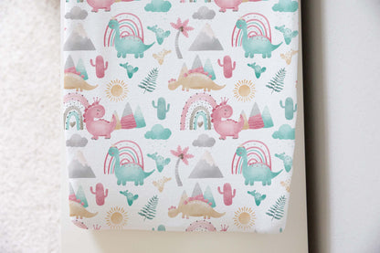 Pink dinosaur Changing Pad Cover, Girl dinosaur crib bedding, Dino nursery decor - Pink Dinosaur