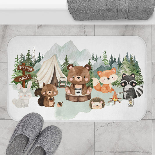 Woodland Bath mat, Anti-Slip backing, Woodland kids bathroom decor - Camping Critters