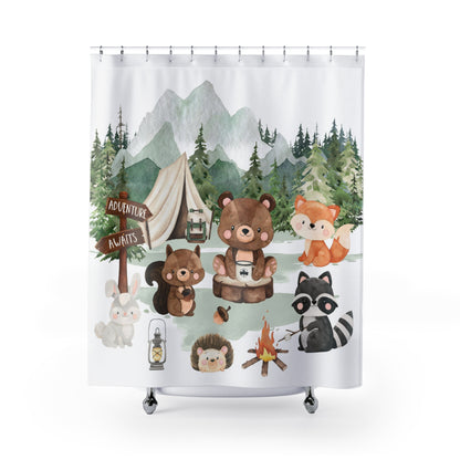 Woodland shower curtain, Forest bathroom decor - Camping Critters