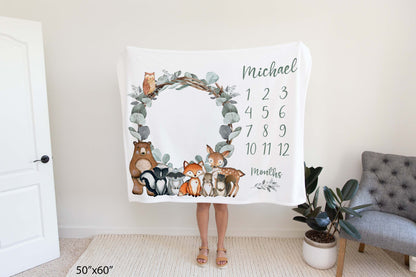 Personalized Woodland animals milestone blanket | Forest milestone blanket - Greenery Woodland