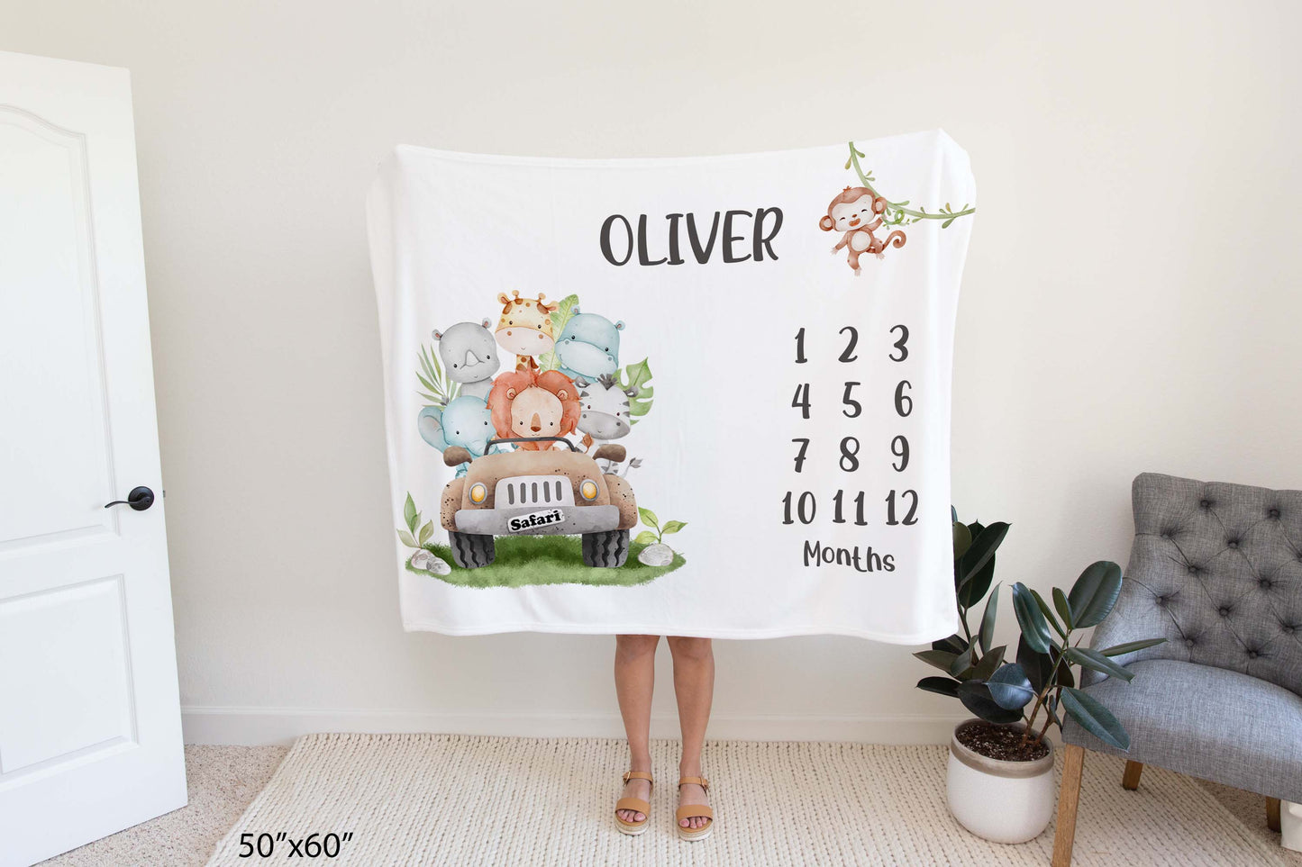 Personalized Safari Milestone Blanket boy - Jungle Baby Blanket - Cute Safari