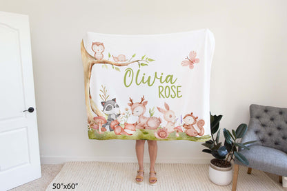 Personalized woodland animals baby blanket, Forest Nursery bedding - Baby Woodland