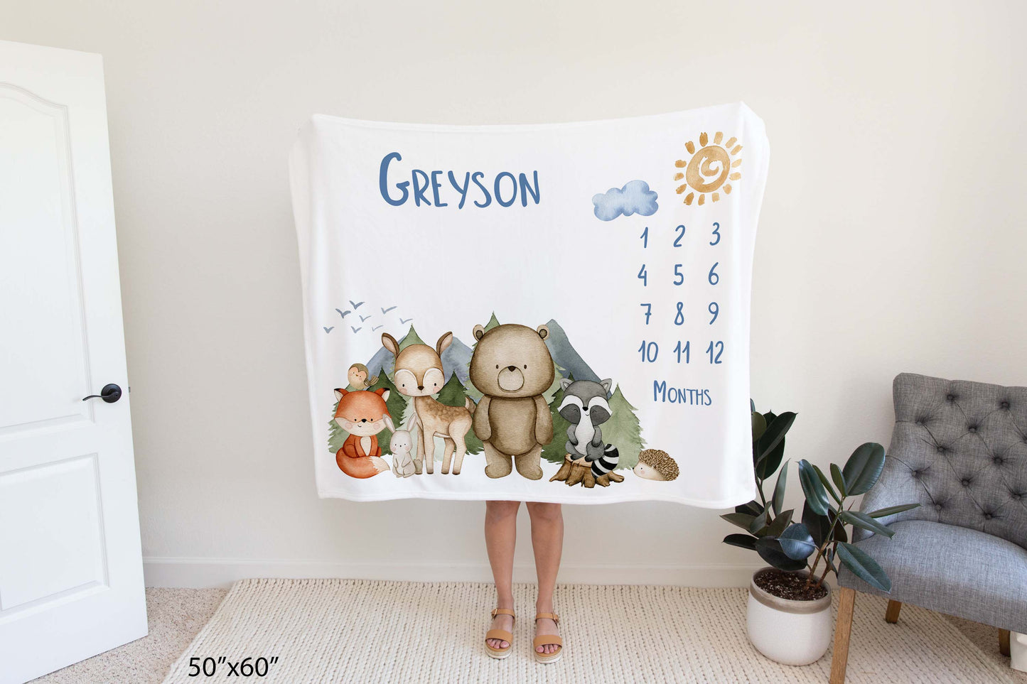 Personalized Woodland Milestone Blanket - Woodland animals Baby Blanket - Magical Forest