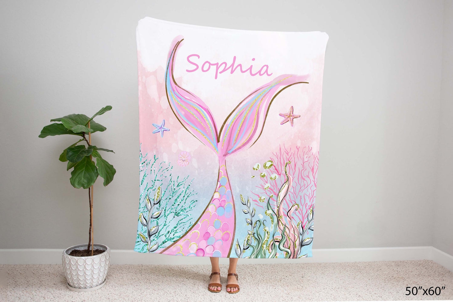 Mermaid Personalized Minky Blanket, Little mermaid Nursery Bedding - Pink Mermaid