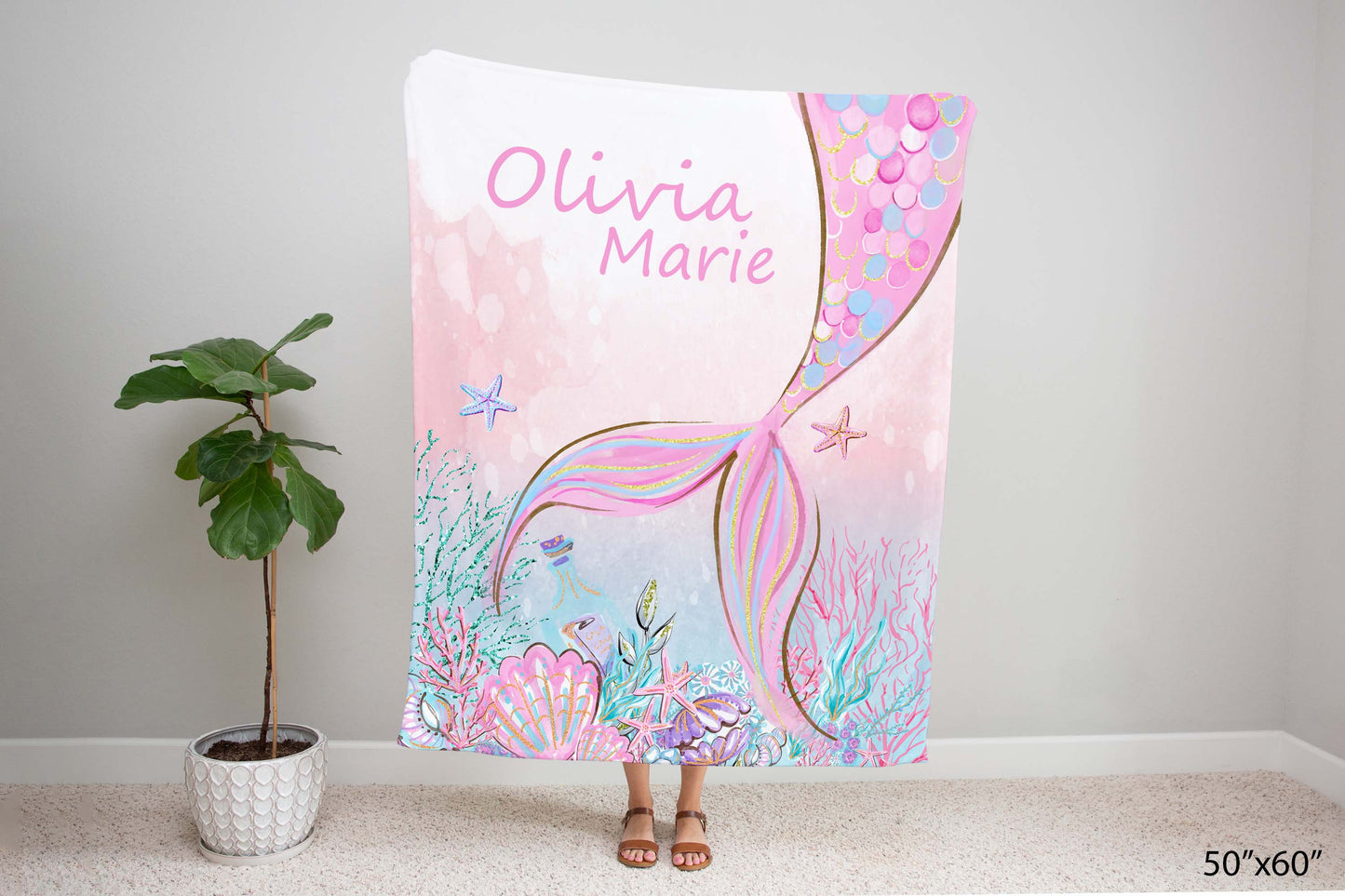 Little Mermaid Personalized Minky Blanket, Little mermaid Nursery Bedding - Pink Mermaid