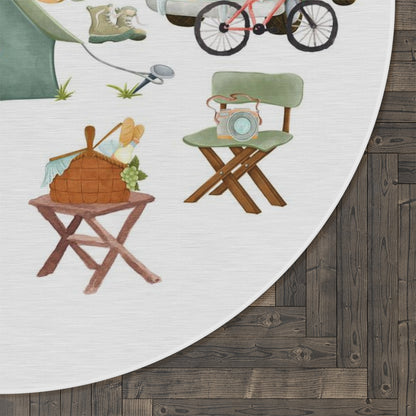 Camping nursery decor, Happy camper round rug - Outdoor Adventures