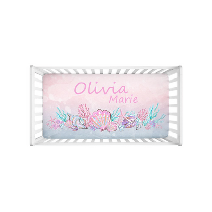 Personalized Pink mermaid Crib Sheet, Under the sea nursery bedding - Pink Mermaid