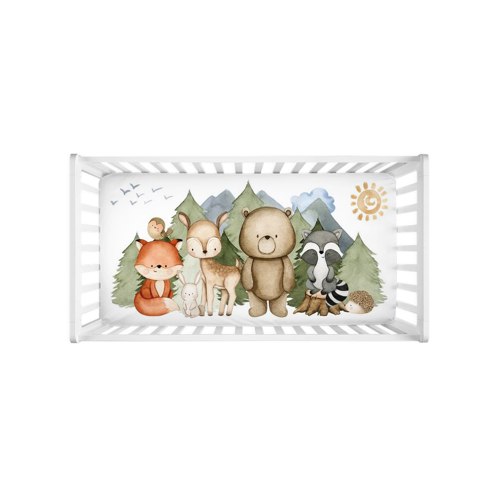 Woodland Crib Sheet, Forest animals nursery decor - Magical Forest