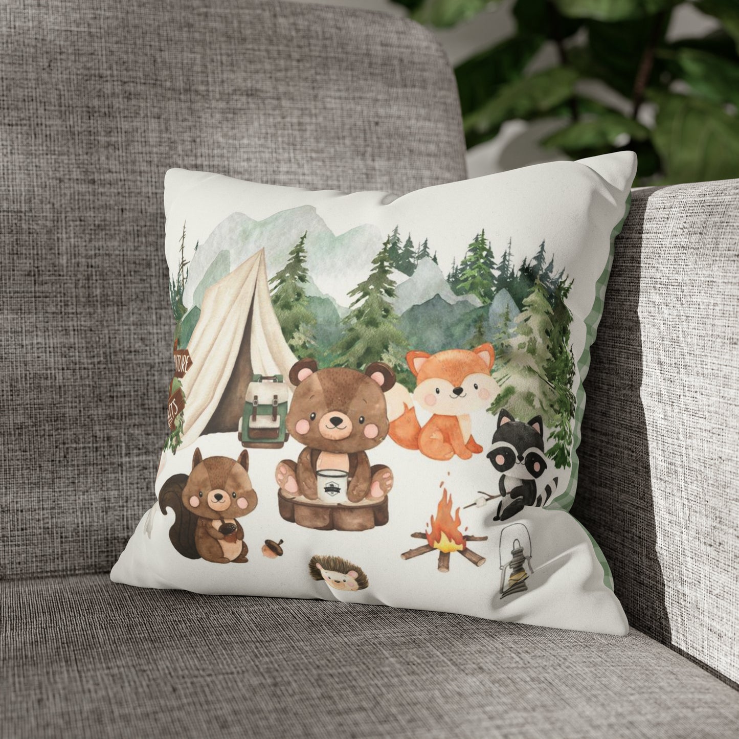 Woodland animals Faux Suede Square Pillow Case, Forest pillow cover - Camping critters