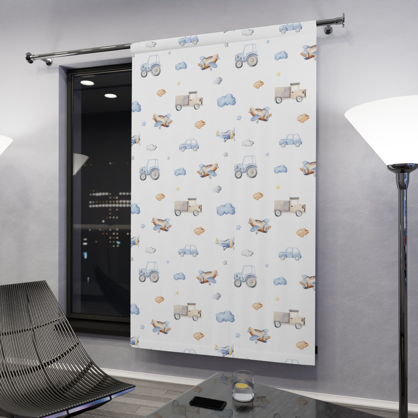 Transport room darkening curtain single panel, Vehicles nursery decor - Blue transportation