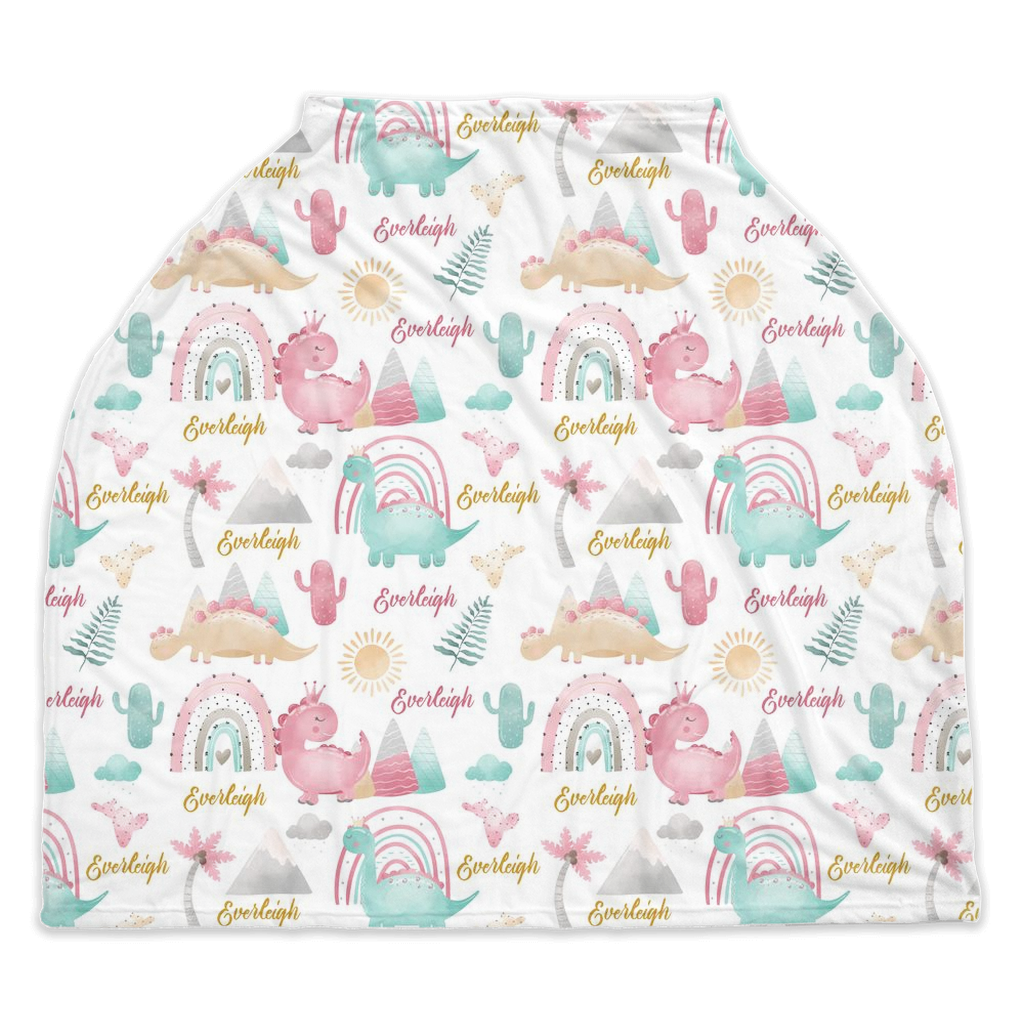 Personalized dinosaur carseat cover, Rainbow dinosaur cover up - Pink Dinosaur