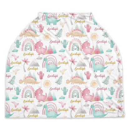 Personalized dinosaur carseat cover, Rainbow dinosaur cover up - Pink Dinosaur