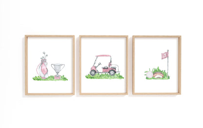 Set of 3 PRINTABLE Pink Golf Wall Art, Golf Nursery Prints - Pink Golf