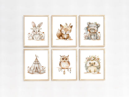 Set of 6 PRINTABLE Boho Woodland Wall Art, Woodland animals Nursery Prints