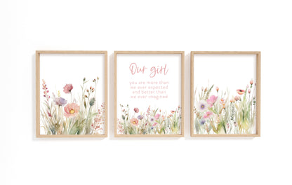 Wildflowers Wall Art, Boho floral Nursery Decor Set of 3 Unframed Prints