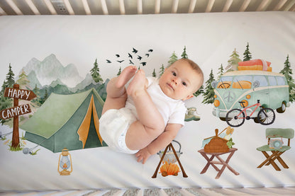 Happy camper crib sheet, Camping nursery bedding - Outdoor Adventures