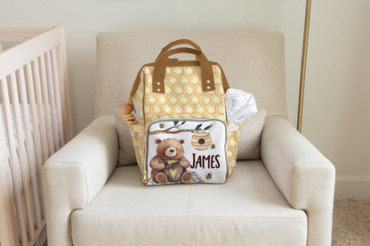 Personalized bear diaper bag | Honeycomb baby backpack