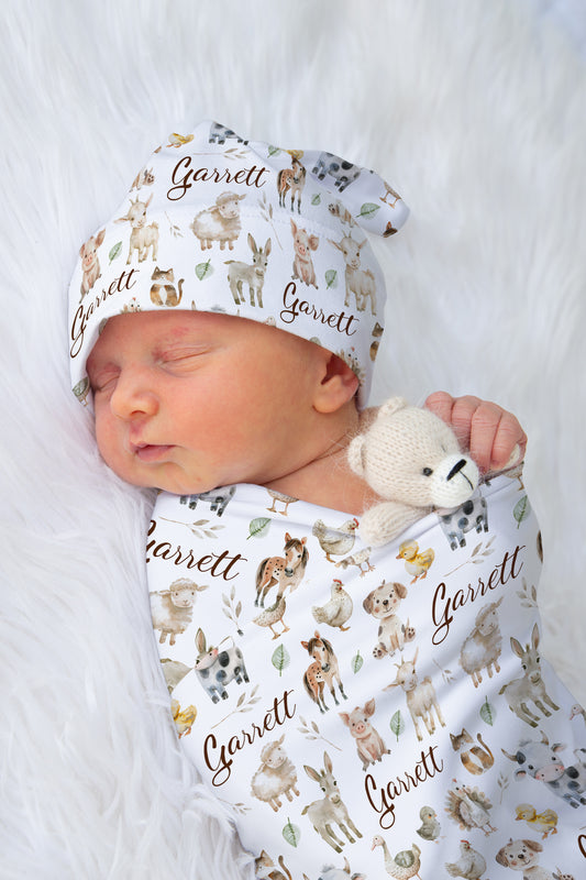 Farm animals Swaddle Set, Personalized Farm Swaddle - Happy Ranch