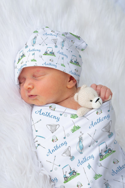 Personalized Golf Swaddle Set, Sports Custom Blanket Baby Name - Little Golfer