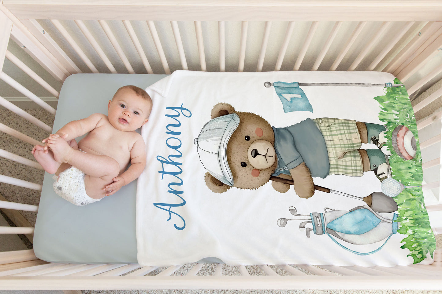 Personalized Golf Bear baby blanket, Sports Crib bedding - Little Golfer