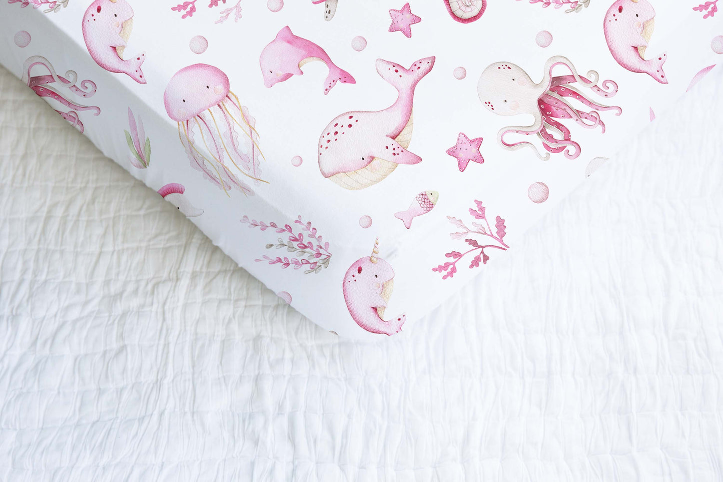 Pink Under the sea Crib Sheet, Ocean animals Nursery Bedding- Pink Ocean