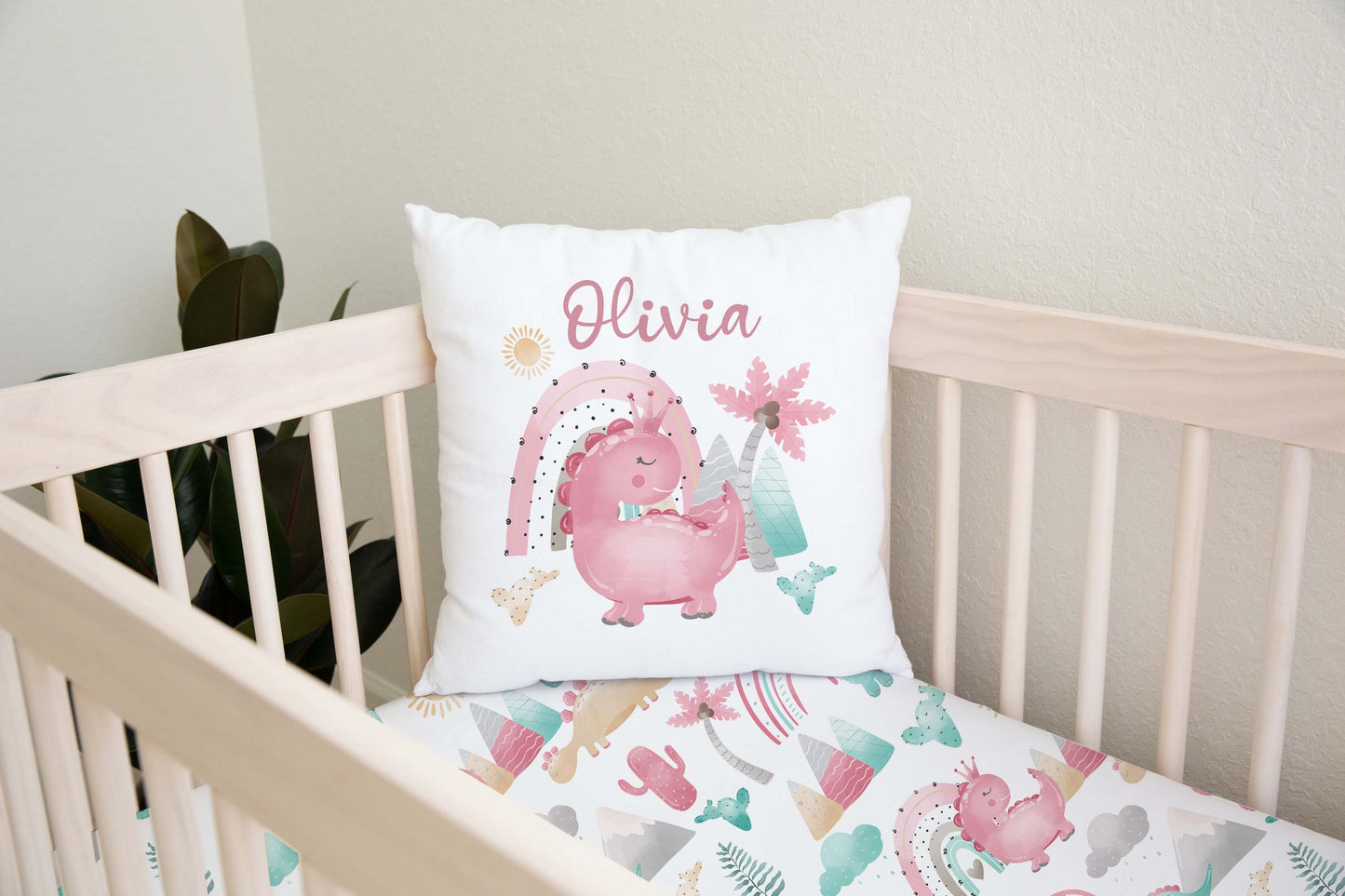 Pink Dinosaur Personalized Pillow, Dinosaur Nursery Decor - Pink Dinosaur