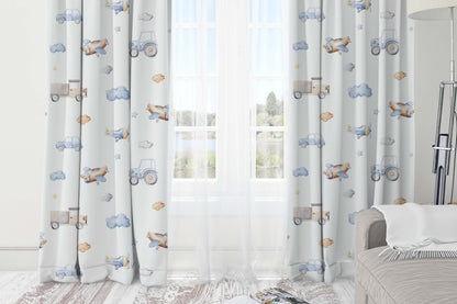 Transport room darkening curtain single panel, Vehicles nursery decor - Blue transportation