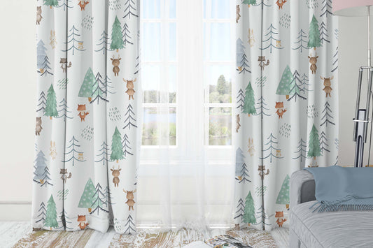 Woodland blackout curtain, Forest nursery decor - Scandi Woodland