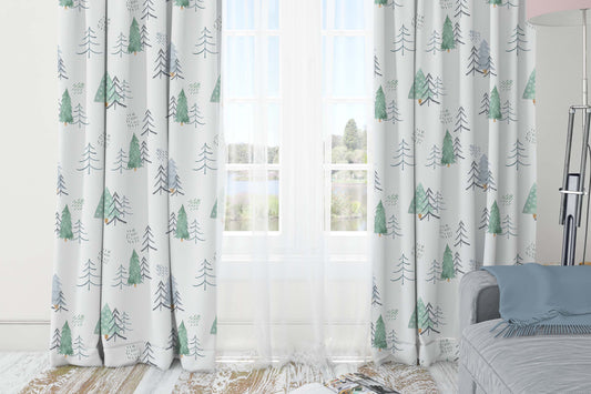 Pine trees blackout curtain, Single panel, Forest nursery decor - Scandi woodland