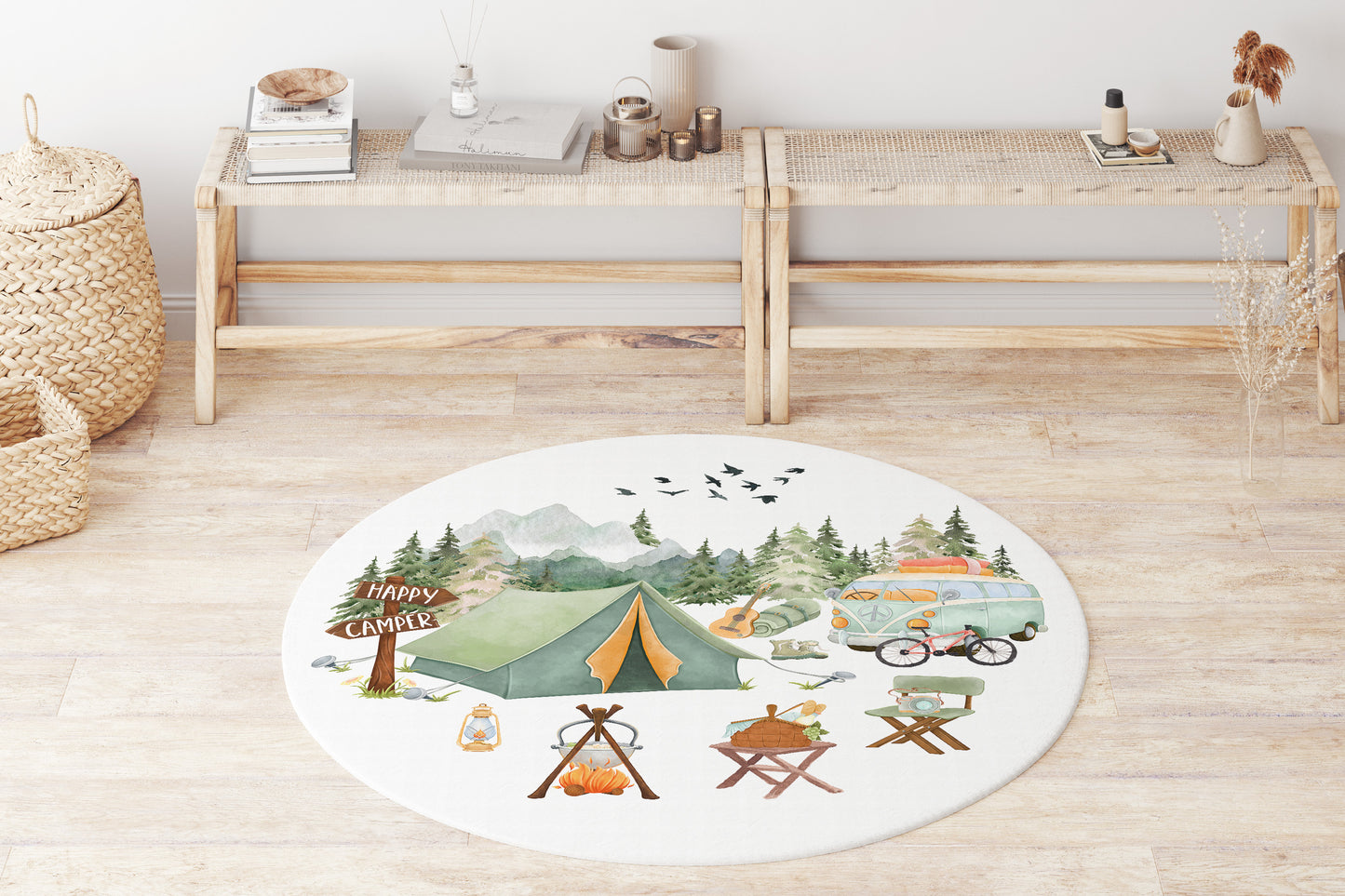 Camping nursery decor, Happy camper round rug - Outdoor Adventures