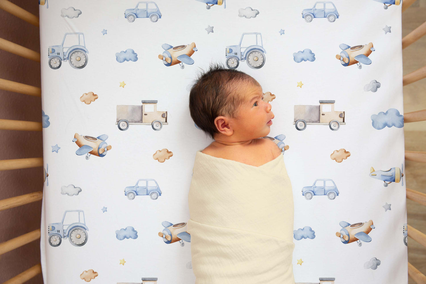 Transportation crib sheet, Vehicles nursery bedding - Blue Transportation