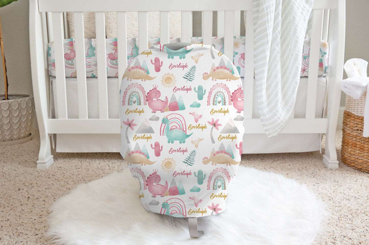 Personalized dinosaur carseat cover, Rainbow dinosaur cover up - Pink Dinosaur